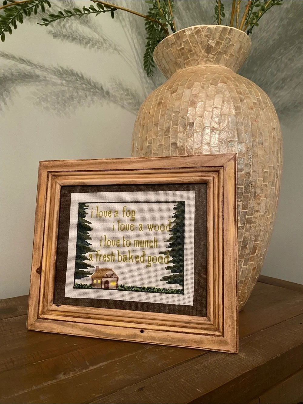 Rustic Brown Framed Cross-Stitch Home Accent